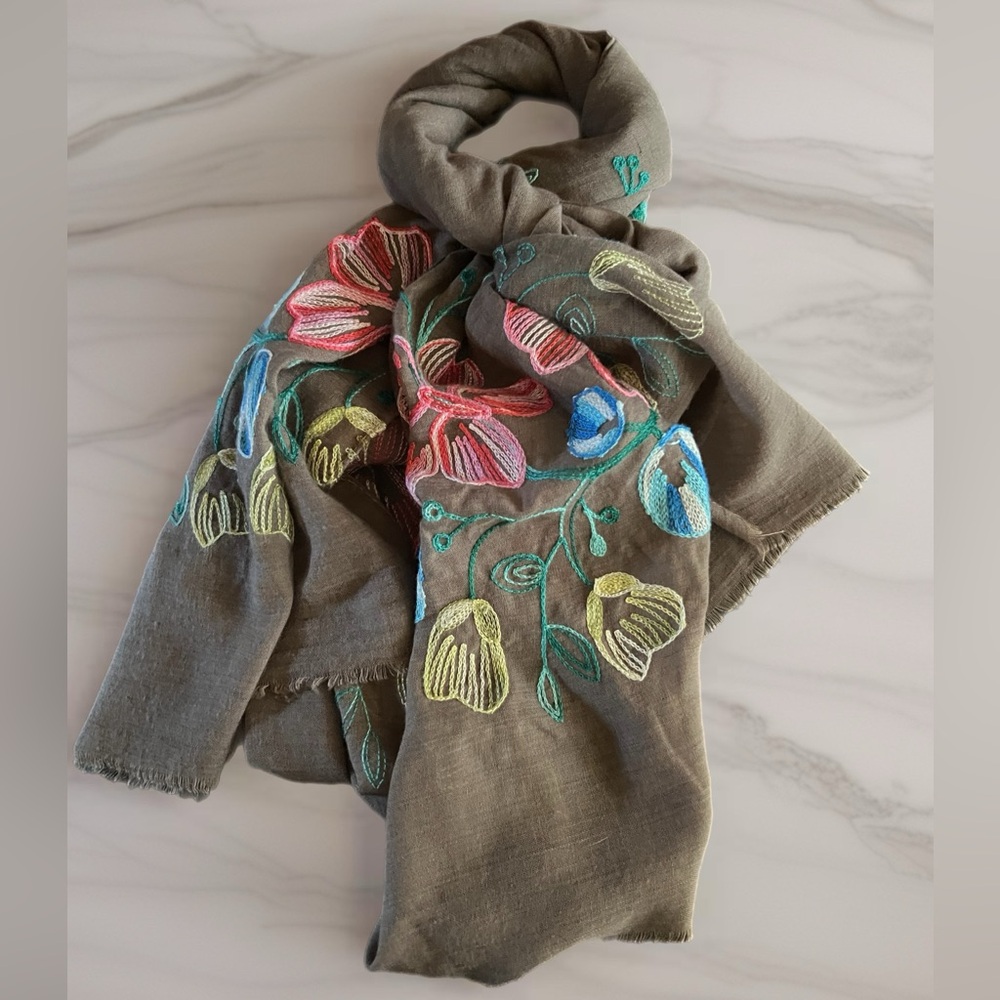 Treska Mocha Gray Floral Hand Embroidered Scarf or Wrap, Multicolored NEW